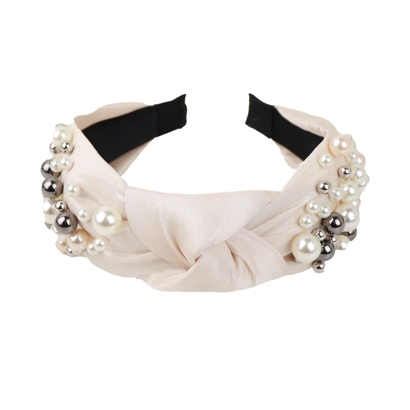 Fashion personality headwear middle knot head buckle knotted wide edge lining cloth pearl headband