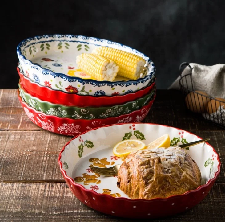 
Ceramic plate baking tray 10 inch round deep dish dinner plate 