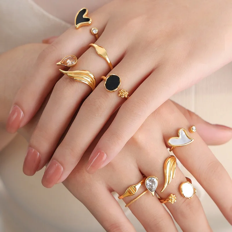 Wholesale Custom Fine Fashion Jewelry 18K Gold Plated Stainless Steel Acrylic Ring Crystal Zircon Shell Heart Ring For Women
