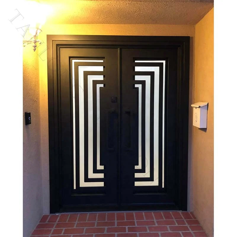 Wrought Iron Modern Door Decorative Iron Double Front Door Finished With Glass For House
