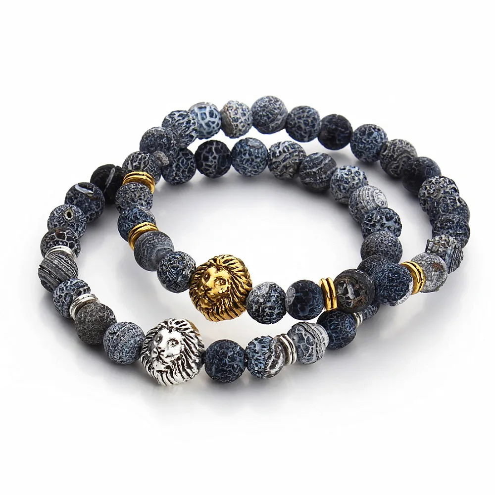 New Trendy Factory Crafted Men Jewelry High Quality Natural Stone Beaded Metal Lion Head Decorated Bracelet Wholesale