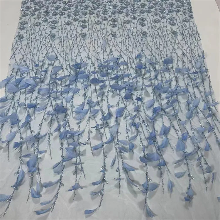 DS Factory Wholesale Feather Beads Sequin Embroidered Mesh Wedding Dress Fairy Dress Fabric