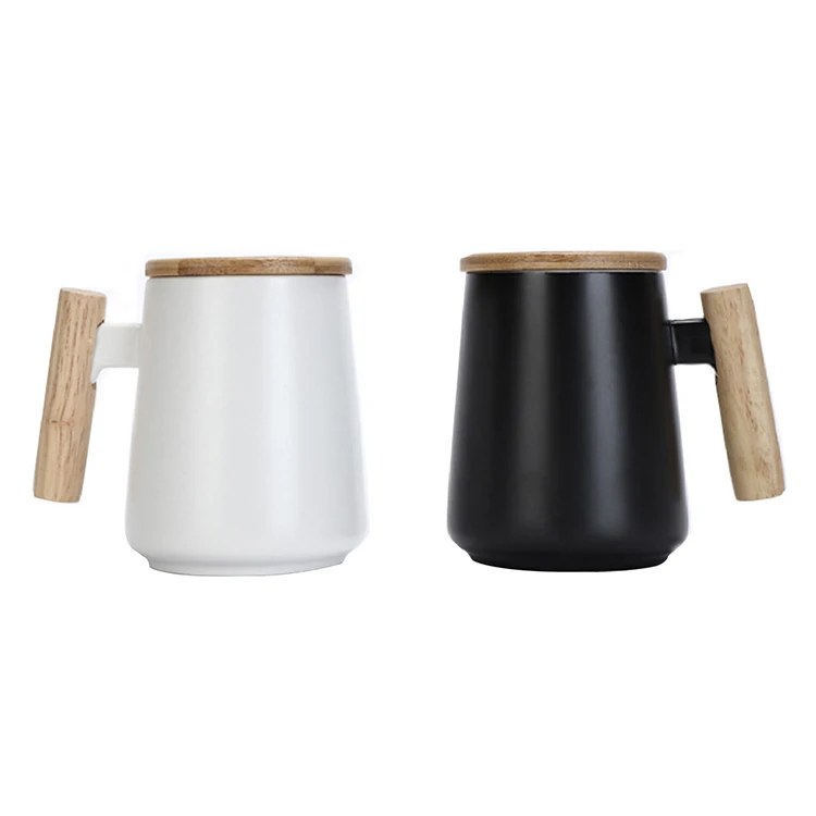 Unique 350ml Black/White Custom Logo Ceramic Coffee Mug with Wooden Handle