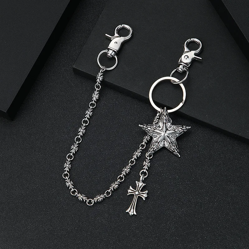 Pants Chain for Men Women Halloween Costumes Big Star with Cross Jeans Chains Goth Accessories Punk Hip Hop Wallet Chain Silver