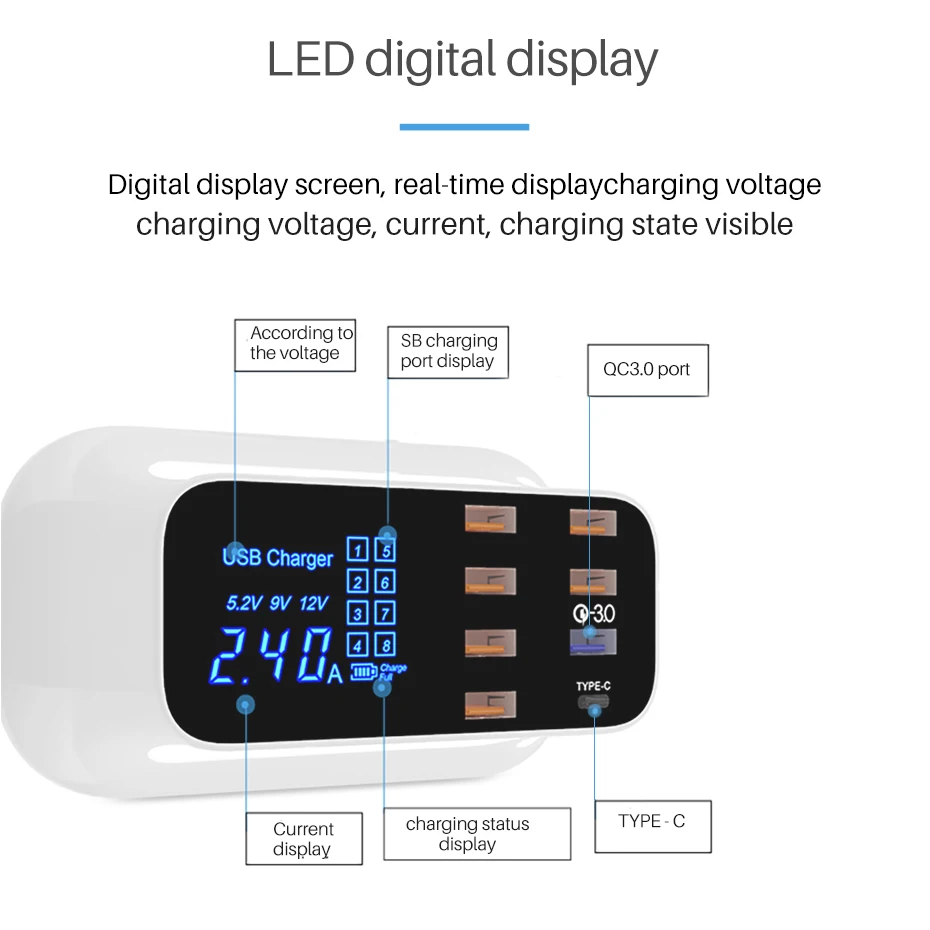 8-port usb charger  quick charging 3.0  type-C with display charger for mobile phone  tablet