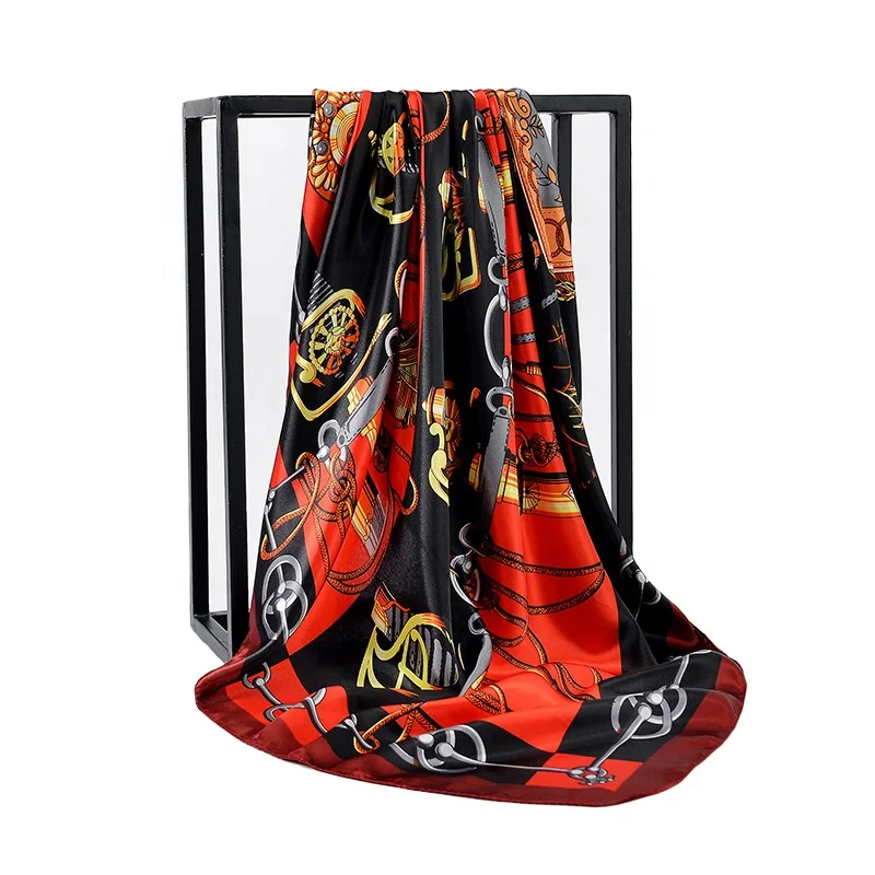 2020 New Muslim 90cm Printed Imitation Silk Satin Hijab Scarf