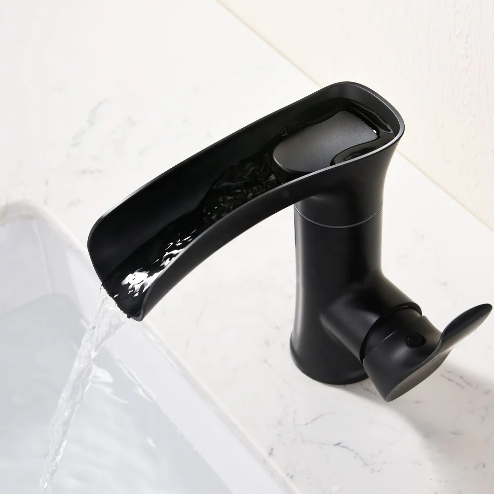 New Product Bathroom Rain Waterfall Faucets Set Ceramic Cartridge Waterfall Faucet Matte Black Waterfall Basin Faucet