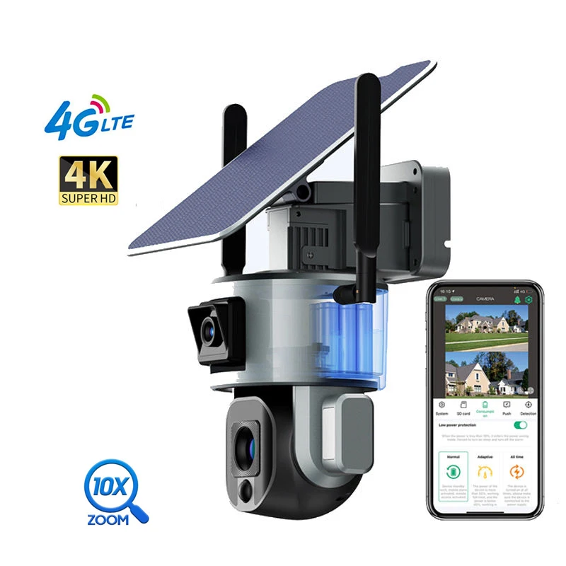 TUYXCIE 4K Wireless Solar Camera Dual Lens Solar Powered Camera 4G Sim Card 10X Optical Zoom Cam With PIR Human Detection