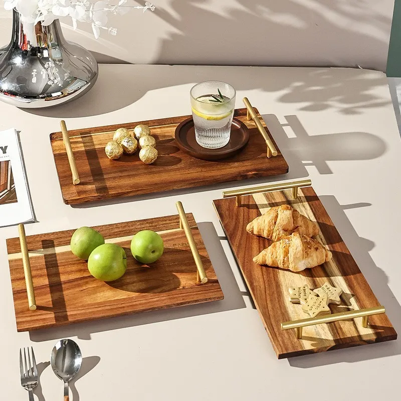 Hot Sale Teak Wood Rectangular Tray Breakfast Dessert Dinner Acacia Wood Serving Plate With Stainless Steel Handle