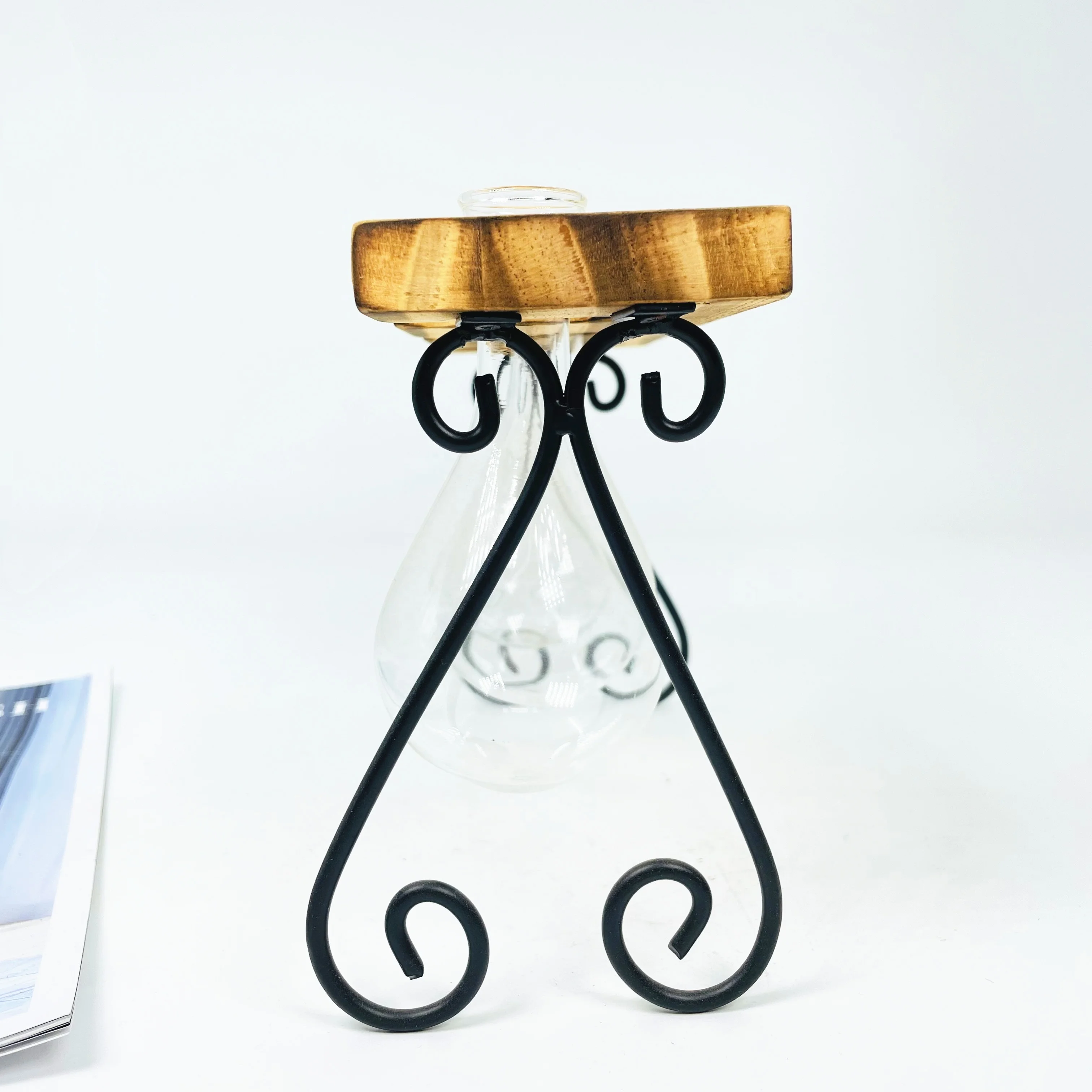 handmade glass hydroponic bottle with Wooden and metal legs for home decoration glass hydroponic vase