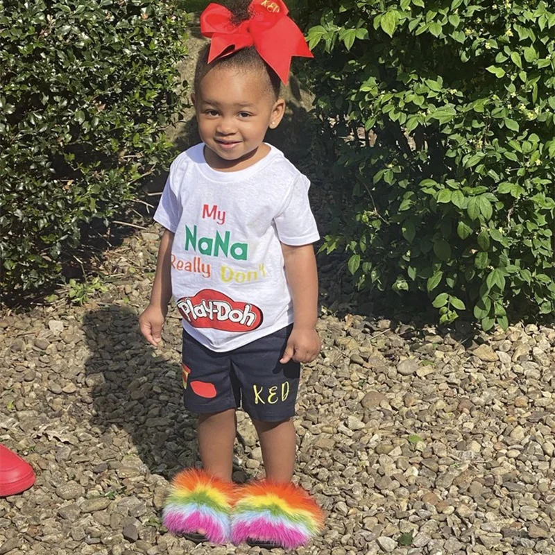 Wholesale baby fur slides with strap 2020 new style kid fur slides and purses children fur slides