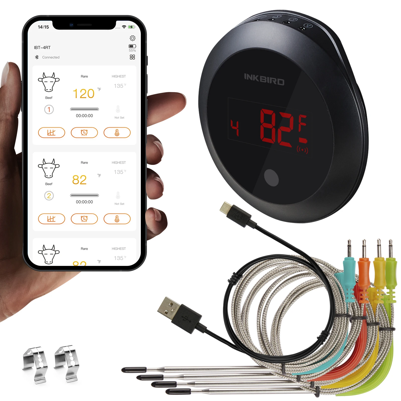 INKBIRD  IBT-4RT Wireless Meat Thermometer Smart Grill Thermometer with 4 Colored Probes