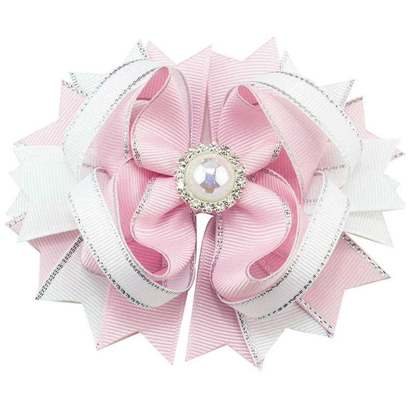 Hot Girls 4.5 Inch Sliver Edge Ribbon fashion  pearl center Bow Children Beautiful Hair Accessories Hair Bow With Clip For Kids