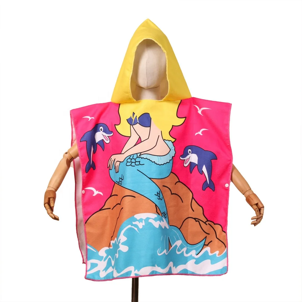 Ready To Ship Top Quality Swimming Microfiber Printed Carton Baby Children Hooded poncho Beach Towel For Kids