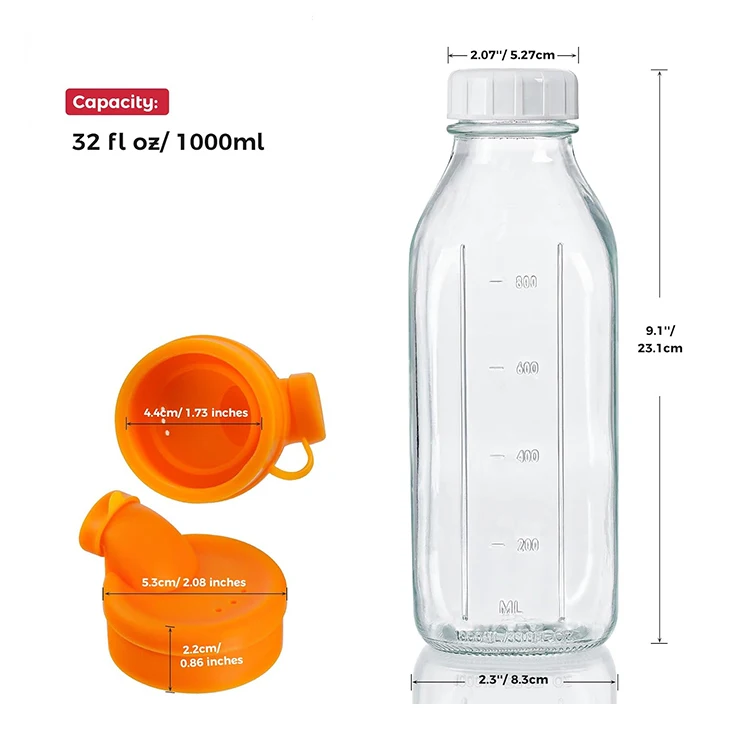 Reusable 8oz 12oz 16oz 32oz 2L Square Glass Milk Bottles With Pour Spout And Airtight Screw Glass Beverage Bottles
