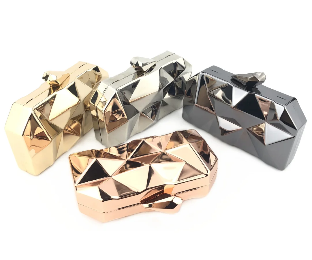 wholesale irregularity golden metal box evening clutch, 2021 shining gold evening bag clutch on sale