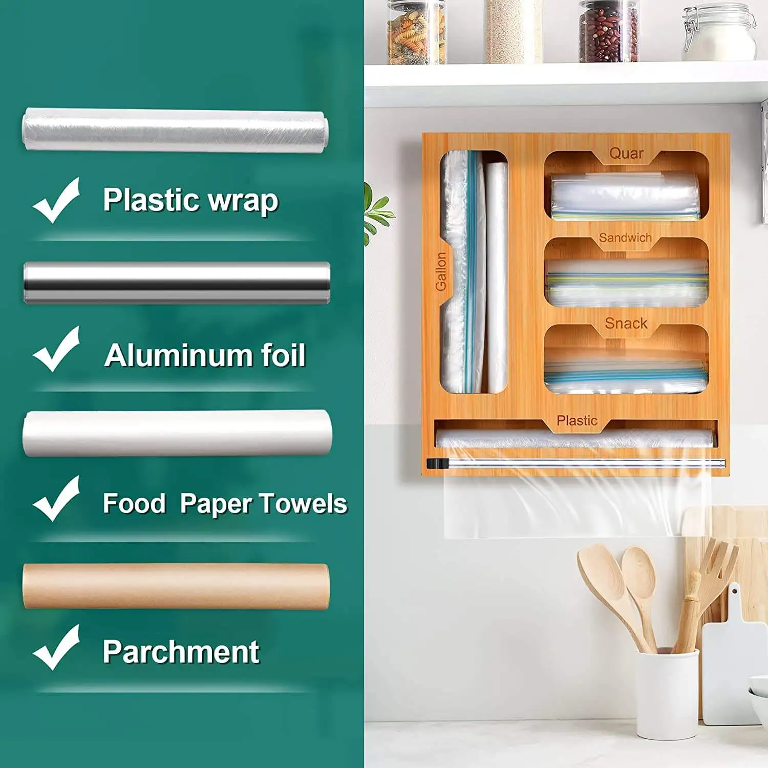 Hot selling Customized 5 In 1 Bamboo Ziplock Bag Roll Storage Organizer Plastic Foil Wrap Organizer Suitable For Kitchen Drawer