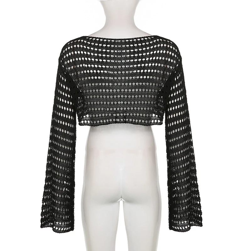 Custom vintage casual sexy crochet sweaters hollow out crop top knitted pullover sweater women