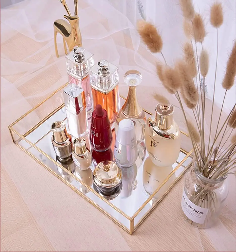 Glass  Rectangle Mirror Decorative Tray Gold can Hold Perfume Jewelry Cosmetics Makeup Magazine for Vanity Dresser