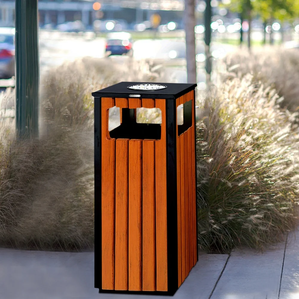 Outdoor commercial garbage bin and  park rubbish bin wood ashtray dustbin for community