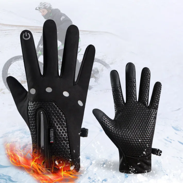 Factory price winter black water-proof non-slippery polyester warm reflective design touch screen cycling gloves