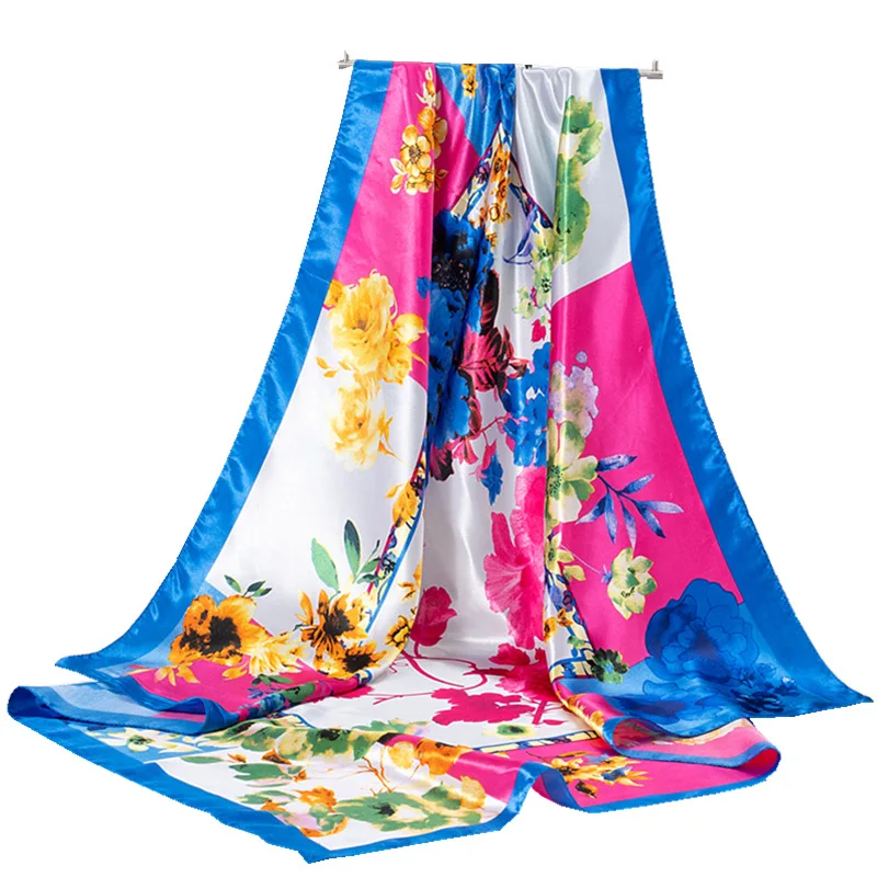 
Factory Directly Square Satin Printed Silk Flowers Artificial Scarf 90x90 