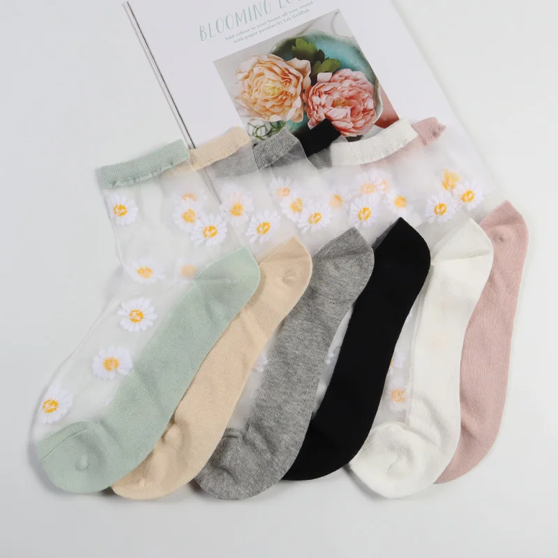 Beautiful sweet daisy sheer silk girl transparent women cotton socks