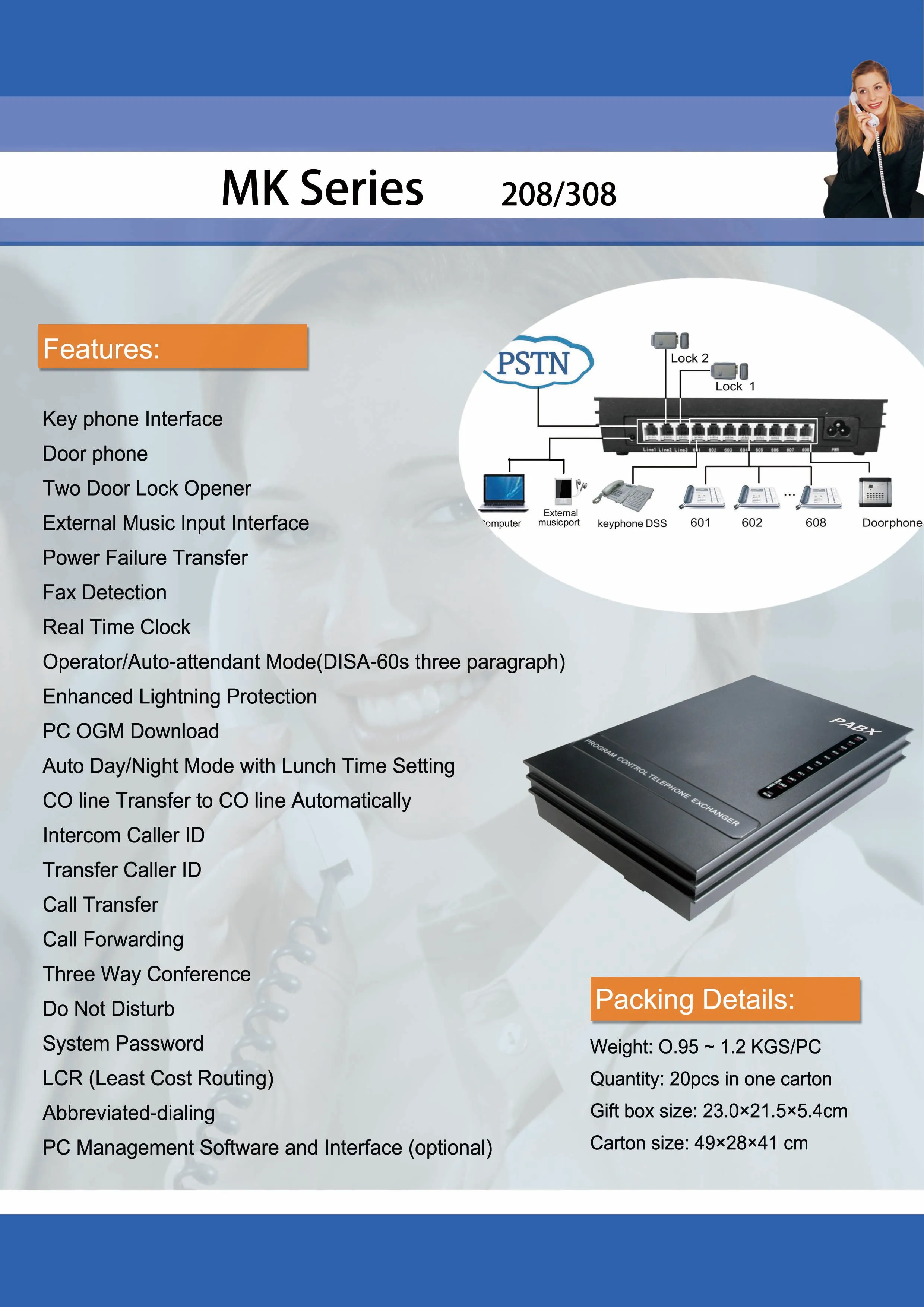 Small Telephone switch PABX MK308 with 3 CO. External Lines + 8 Ext.  telephone PBX system