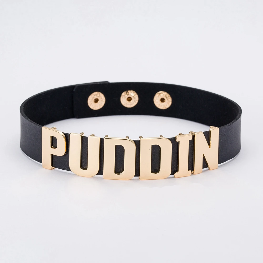 Puddin letter leather collar little ugly girl necklace Thick Choker Punk Gothic Jewelry Charm Personalized Black PU Leather
