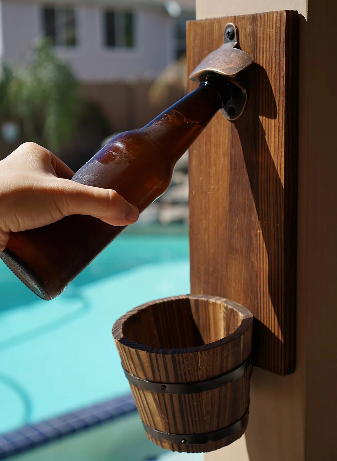 Rustic Dark Stain Pine Wood Wall Mounted Bottle Opener and Catcher with Zinc Alloy Removable Wooden Bucket for Beer
