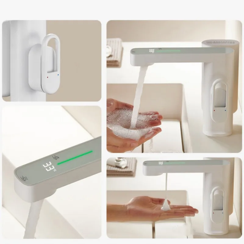 2-in-1 Bathroom Sink Faucet Automatic Sensor Hand Free Smart LED Color Changing Basin Faucet With Sensor Soap Dispenser