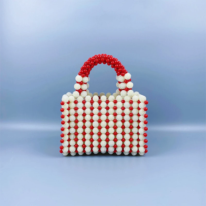 New red bayberry Style Fashion Simple Mini Faux Pearl Decor Drawstring Design Satchel Bag for Women Young Girl