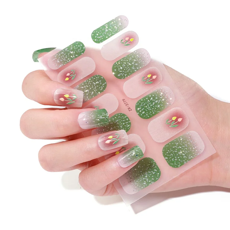 Hot Sale 3D Nail Wraps for Spring Summer Fresh Green Gradient Floral Design Thin Pet nail art Stickers & Decals