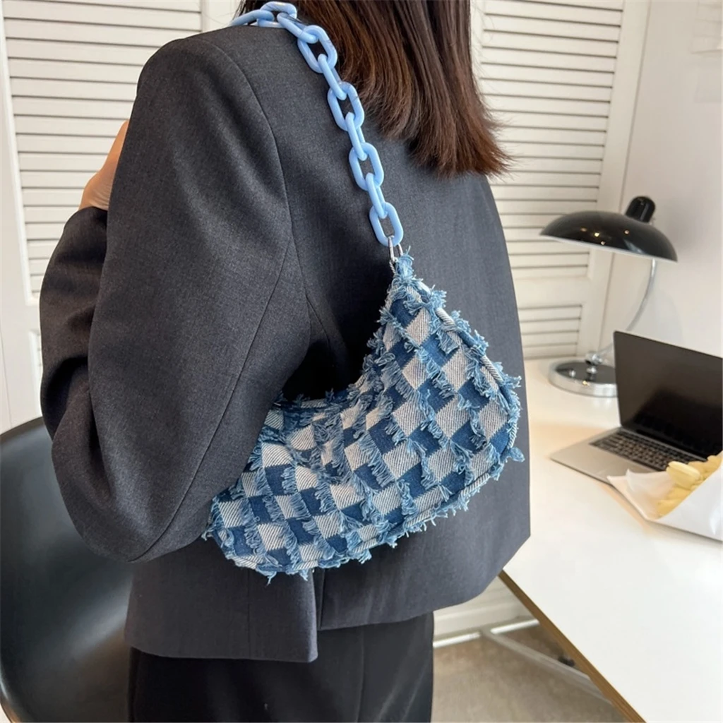 ZHE ZHE Denim Slipper And Puerse Set Women Handbag Plaid Shoulder Bags Chunky Platform Heels For Ladies Slippers For Women