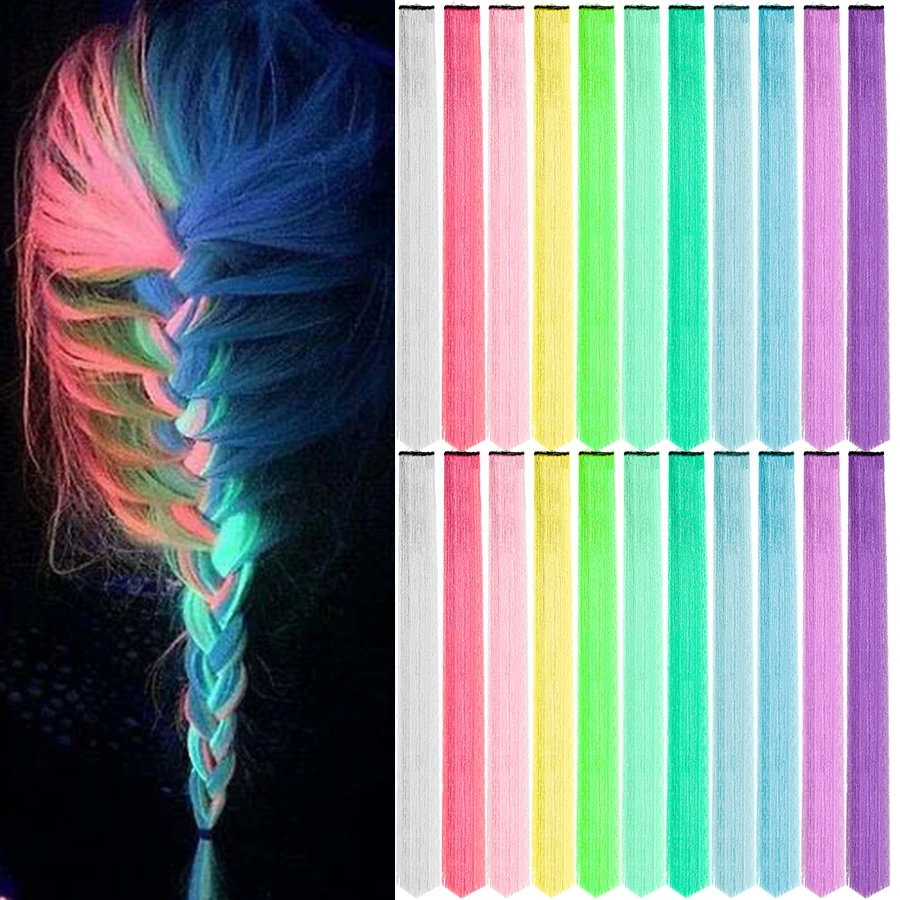 Highlight Glowing in Dark Hair Extensions Colorful Luminous Hair Straight Synthetic Hairpiece Clip in Braiding Hair