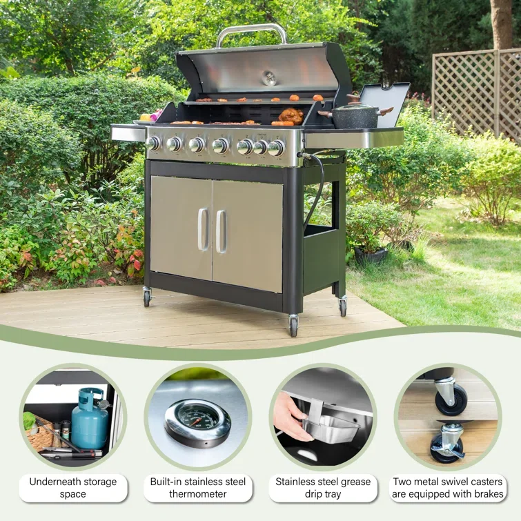 7 Burner Liquid Propane stainless steel  Gas BBQ Grills  with Side Burner and Cabinet barbeque grill