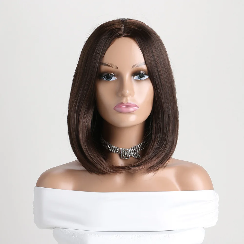 Heat Resistant Party Costume Wig Brown Black Straight Synthetic Hair  Short  Bob  Wig