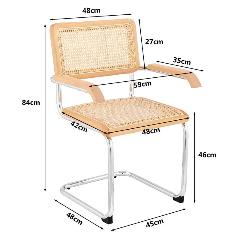 Marcel Breuer Cesca Replica Indoor Furniture Natural Rattan  Chrome  Frame Wooden Cantilever Dining Chairs With Arms