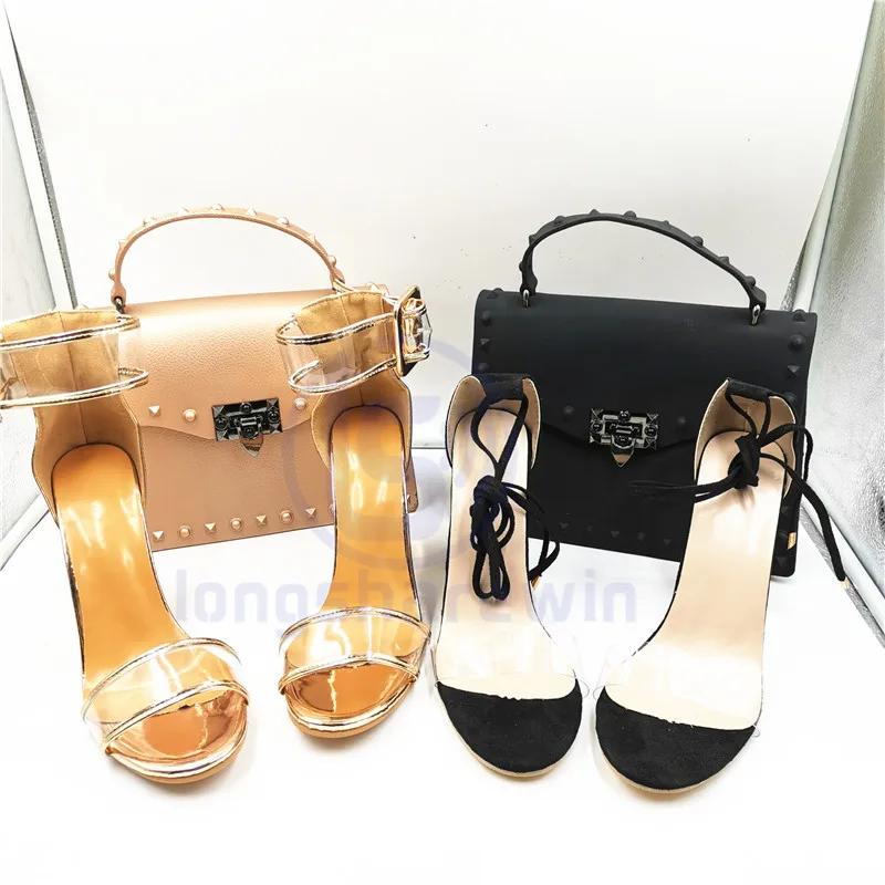 wholesale women and ladies Lace up ladies shoes arrivals women sexy shoes high thin heels sandals match jelly handbag purse