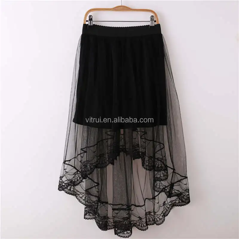 Women Black & White Sexy Lace Tulle Skirts Fashion Asymmetrical Jupe Skirts Summer Maxi Skirt