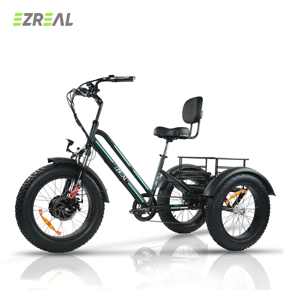 EZREAL 24 inch electric trike fat tire 3 wheel Electric Tricycle three wheels adult cargo electric bike with basket
