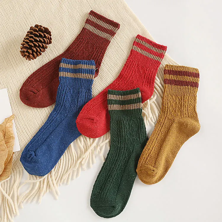 Wholesale Autumn winter solid color wool cotton blending thick line knit warm socks for women