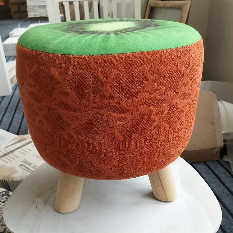 Customized comfortable linen printed chair stool with four wooden legs for living room
