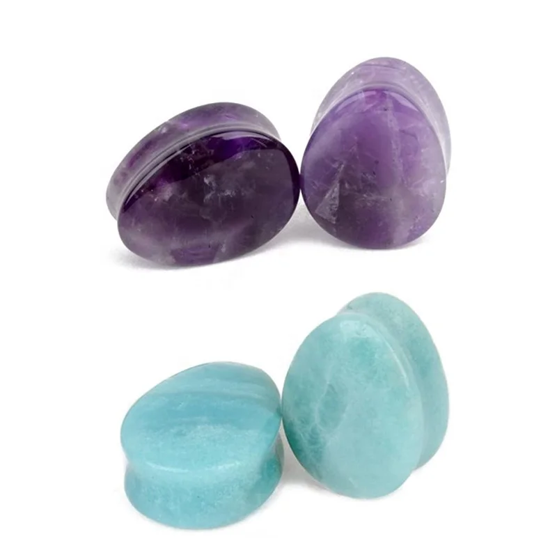 Amethyst Amazonite Teardrop Oval Ear Tunnels Organic Stone Expander Ear Plug Tunnel  Piercing Jewelry Set