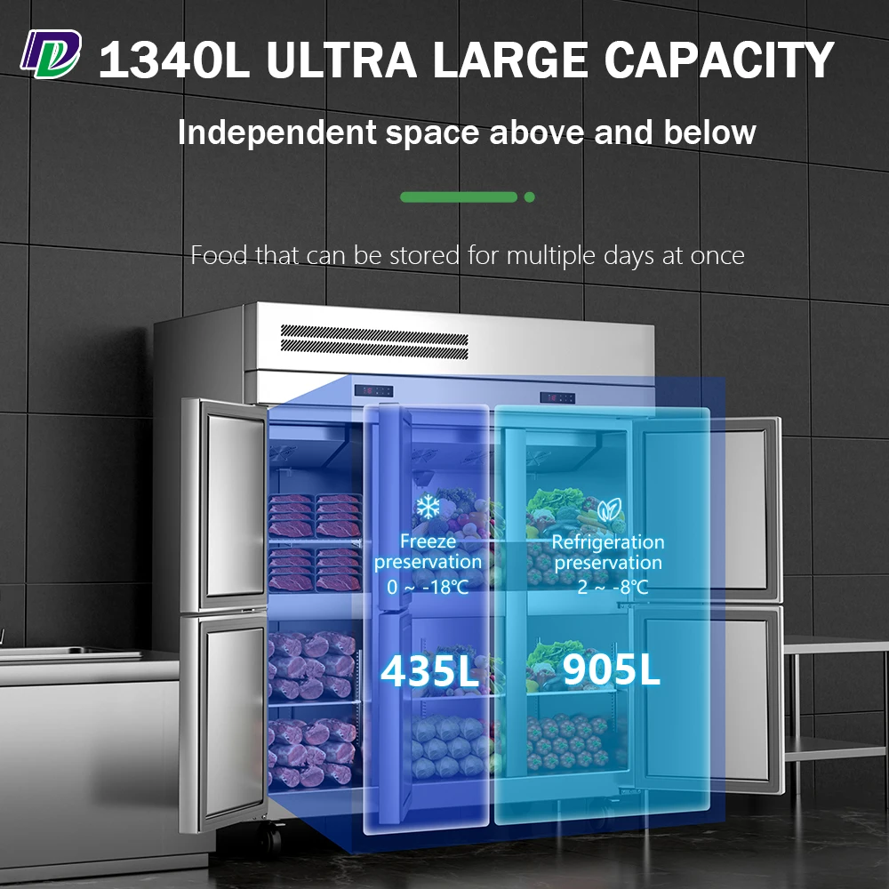 Commercial kitchen air cooling restaurant supply refrigerator 1440L volume catering stainless steel 6 doors fridge freezer