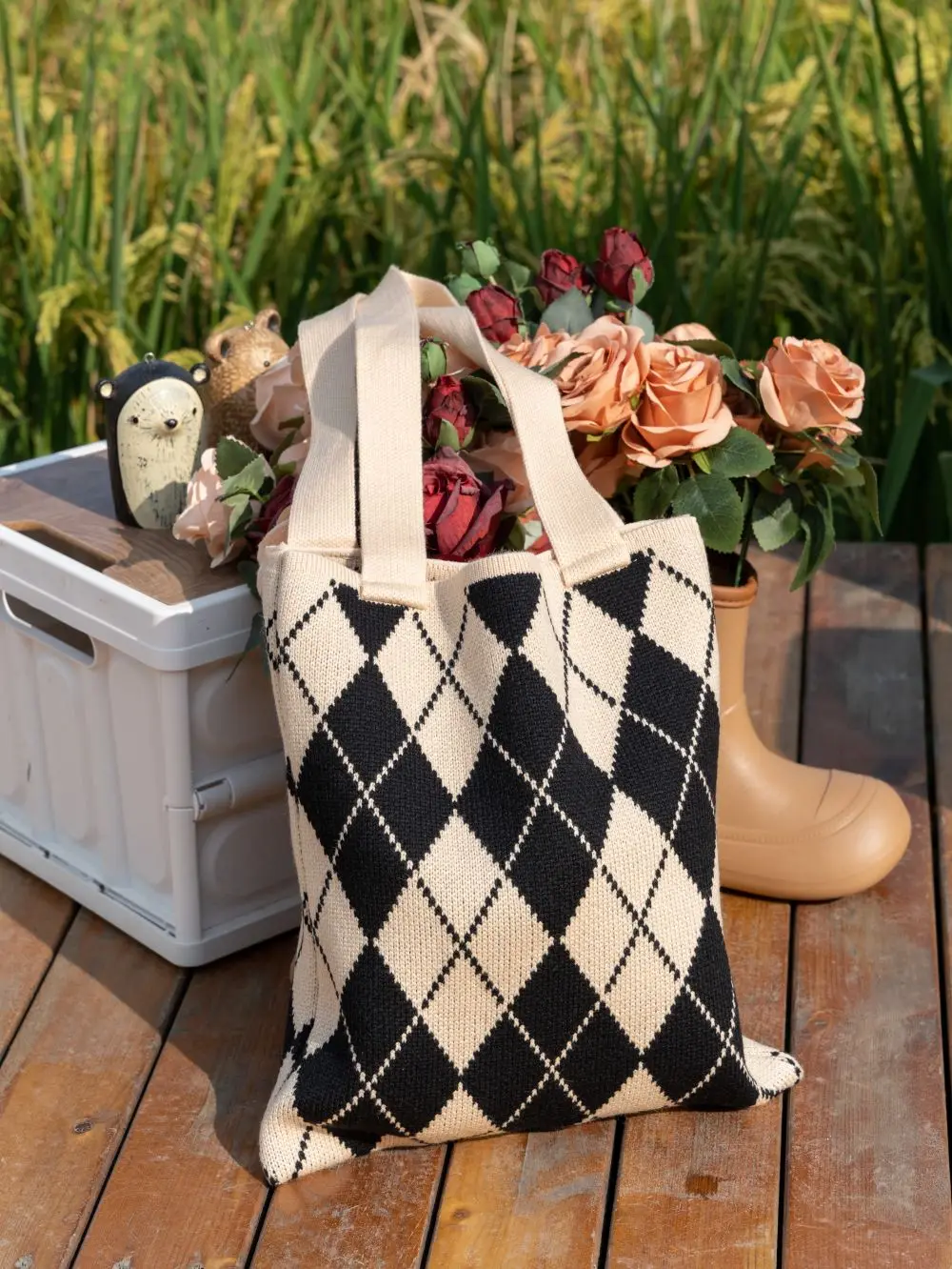 Japanese Quilted Rhombus Lattice Pattern Knitted Women Shoulder Bag Crochet Wool Korean Fashion Tote Shopping Bag