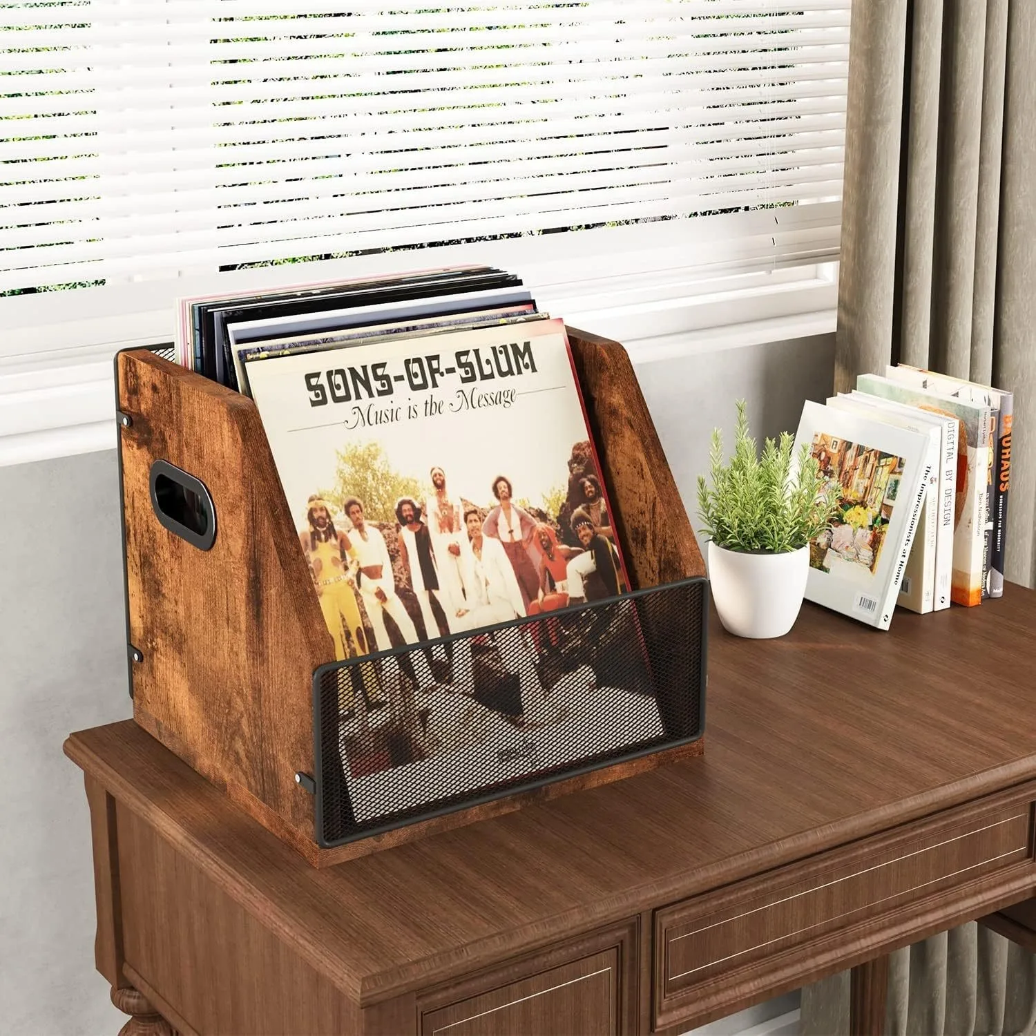 Popular retro style organizer record player stand with storage vinyl roll floor CD record storage rack display