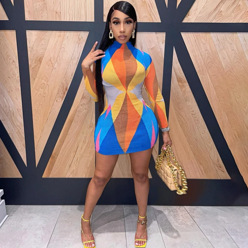 Trendy beautiful dress contrast color pretty printed O-neck long sleeves see through slim fit short dress for women