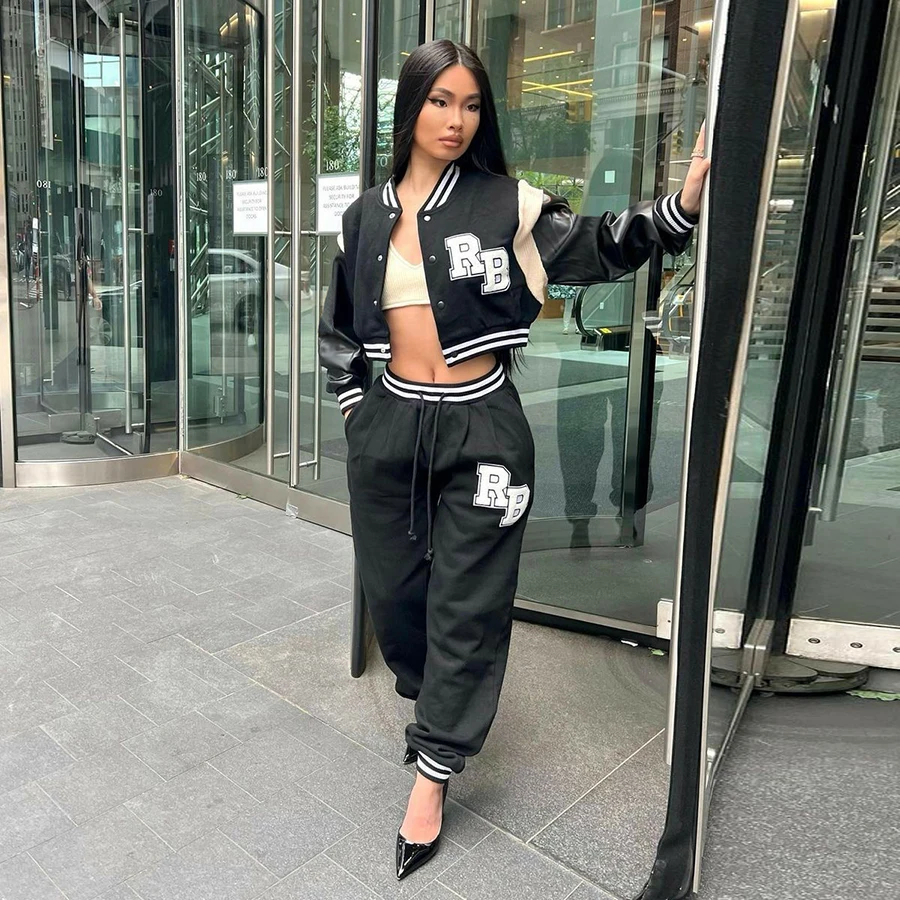 K22S19975 Embroidery Clothing Letterman 2 Piece Outfit Set Baseball Outfit Woman Two Piece Pant Sets