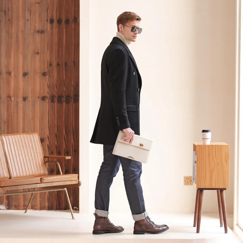 New British style yuppie wool coat casual winter black double-breasted medium-length woolen coat for men